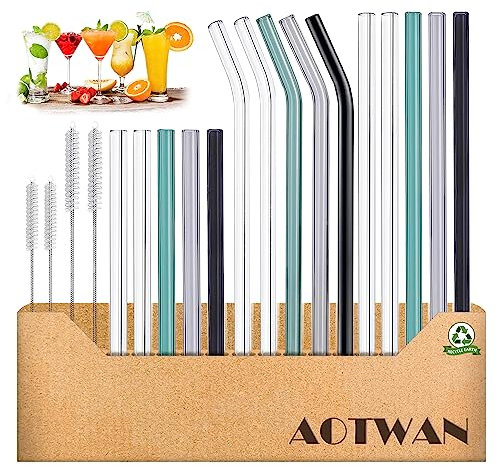 AOTWAN Glasstrohalme 19 Stück Glas Strohhalme Wiederverwendbar Glasstrohhalme,5 Kurz+5 Lange Geraden Glas-Strohhalme,5 Gebogenem Glas Trinkhalme mit 4 Reinigungsbürsten für Cocktails, Smoothie