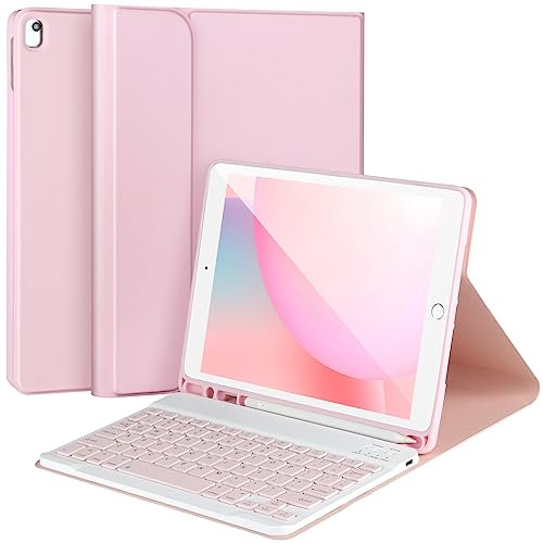 AHYWTAN - Funda para iPad con teclado para iPad de 9ª generación con teclado para iPad de 9ª/8ª/7ª generación 2021/2020/2019 extraíble Bluetooth inalámbrico - Soporte para lápiz (rosa)