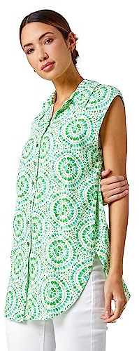 Roman Sleeveless Shirt for Women UK Ladies Blouse Top Button Through Summer Smart Casual Work Cocktail Party Office Holiday Special Occassion Evening Going Out - Green & White - Size 10