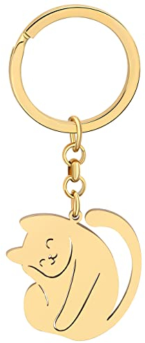 DOWAY Porte-clés Chat En Acier Inoxydable Anneau Porte-clés Chat pour Femme Filles Amoureux Des Chat Accessoires De Voiture Breloques (Plaqué Or E)