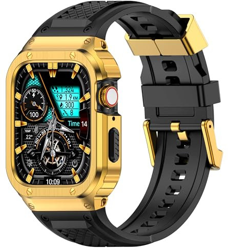 Deczone Cinturino in silicone con cassa in acciaio inossidabile compatibile con cinturino Apple Watch Series 7 8 (45 mm), cinturino protettivo robusto per uomo (oro)