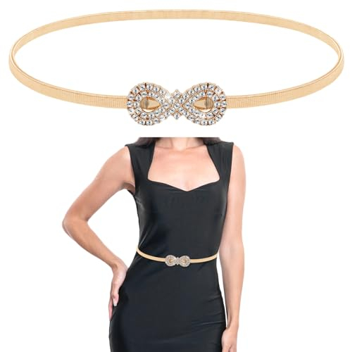 Amabro Ceintures dorées pour femme, chaîne en strass, ceinture élastique fine, ceinture tendance en corde de cristal, doré, Waist Size: 70-110cm/28-43in
