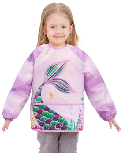 Mermaid Toddler Smock - Kids Art Smocks for Girls Ages 3-8 Mermaid Painting Artist Smocks Waterproof Toddler Smocks for Painting Eating Cooking Baking Gardening Apron with Long Sleeve and 3 Pockets