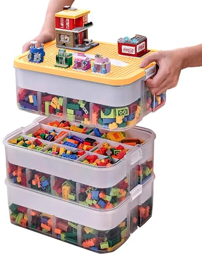 Aufbewahrungsbox mit Deckel für Lego, 3 Stufen Bausteine Boxen Aufbewahrung Spielzeugkiste Transparent Trennbare Sortierboxen für Lego Kunststoff Spielzeug Aufbewahrungsbox Kinderbox Stapelboxen