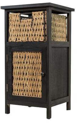 DARO DEKO Holz und Seegras Schrank mit Kiste 33 x 62cm schwarz braun Beistell-Schrank Nachttisch Regal