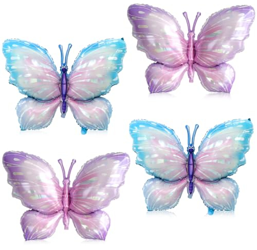 XXL Schmetterling Folienballon, 4 Stück Schmetterling Luftballon, Blau und Lila Schmetterlinge Ballon, Schmetterlinge Feen Deko für Mädchen Geburtstag Feste Baby Shower Hochzeit