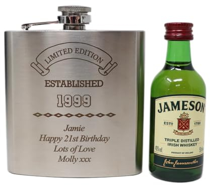 Personalised Engraved Stainless Steel Silver Hip Flask & Miniature Alcohol Bottle 40th 50th Birthday Gift for Dad/Grandad - Established Birthday Design (Irish Whiskey/No Gift Box) 40% vol