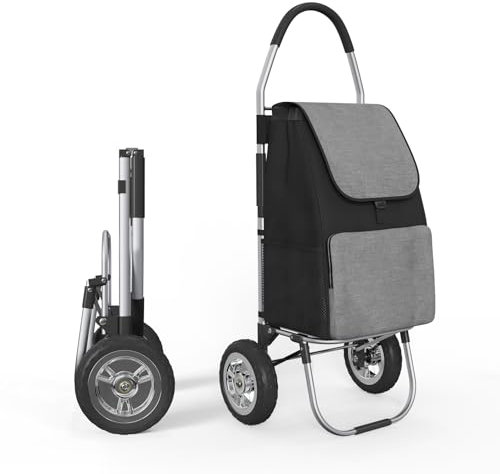 DROMEZ Einkaufstrolley Große Räder, Trolley Einkaufswagen Klappbar 50L, Einkaufstasche Groß mit Rollen, Belastbarkeit 50 kg, Schwarz & Gray