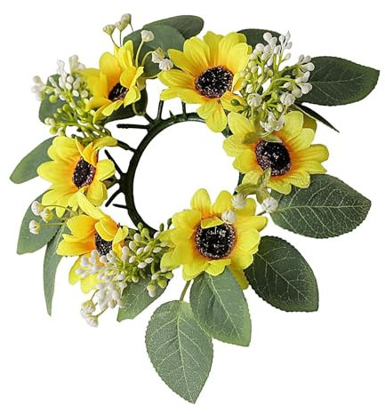 Buerfu Sonnenblumen-Kerzenring – weiße Knospen, gelbe Sonnenblumenkerzen-Girlande, künstlicher grüner Eukalyptus, 25 cm, rustikales Landhaus-Themen-, Blumenringe für Tafelaufsätze