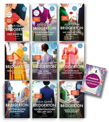 Bridgerton Bücher 1-9 im Paperback: Komplettset der Bestsellerreihe inkl. 'Der Duke und ich' + Postkarte von Lady Whistledown – Die Vorlage zur Netflix-Serie von SPIEGEL-Bestsellerautorin Julia Quinn