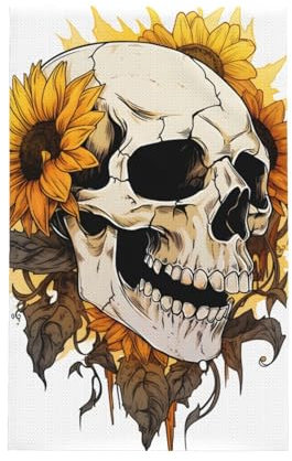 Super saugfähige Küchentücher, 66 x 40,6 cm, Halloween, Totenkopf, Gothic, Skelett, Sonnenblume, Waffelgewebe, Geschirrtuch zum Reinigen und Trocknen