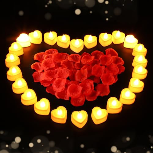 BTFO Rose Petals and Candles Set, 2000pcs Artificial Rose Petals with 24pcs LED Tea Lights Candles Flameless Heart Tea Lights Romantic Decorations for Valentines Day Wedding Anniversary Supplies