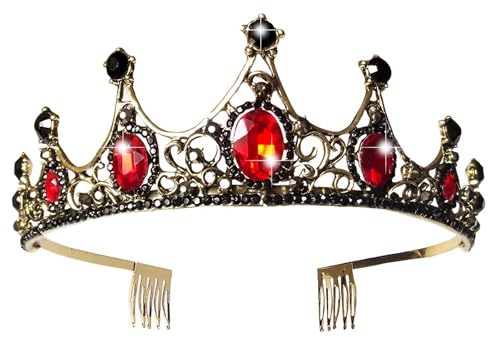 Gold Schwarz Tiara Krone mit Rubin, Kronen für Frauen Halloween Vintage Kristall Rot Strass Stirnband, Frauen Schwarz Kristall Tiara Kronprinzessin Mädchen Rot Strasssteine Stirnband Strass