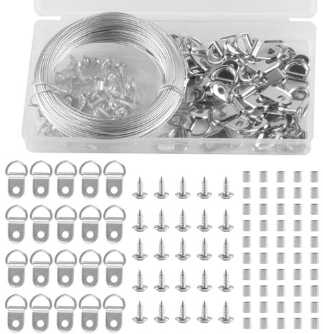 98 Feet (30m) Picture Hanging Wire Heavy Duty Picture Wire Hanging Kit, Metal Wire Picture Hangers for Picture Photo Frame Mirror Wire+40 D Rings for Picture Hanging & 50 Crimping Loops & 40 Screws