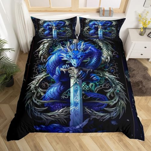 Homewish Drachen und Schwert Bettwäsche Set 135x200,3D Drachen Bettbezug für Kinder Fierce Wildlife Thema Tröster Abdeckung Wild Tier Drachen Dekor Bettbezug mit 1 Kissenbezug,Kein Tröster