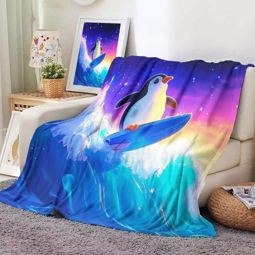 GSAEIMCT Wohn- & Kuscheldecken Surfen Pinguin Kuschelige weiche Flanelldecke mit Cartoon-Motiv, Surfen Pinguin, Bettüberwurf, Decke für Wohnzimmer, Couch, Sofa, Stuhl, 75x100cm