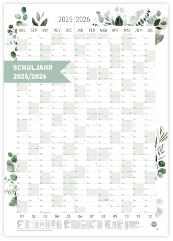 heaven+paper Hochformat Schuljahresplaner 2025/2026 A1 Wandkalender Semesterplaner gefaltet stillvoller nachhaltiger Kalender 2025 2026 Wandplaner mit Feiertagen, Schulferien (Green, Hochformat)