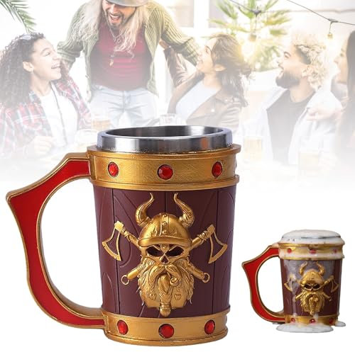 Tazze Simpatiche Boccale da birra in acciaio inox con interno barbuto e motivo a ascia, boccale da birra, bar, Halloween, grande capacità per feste, riunioni in casa o come per gli ( Gold, 16. 5X15cm)