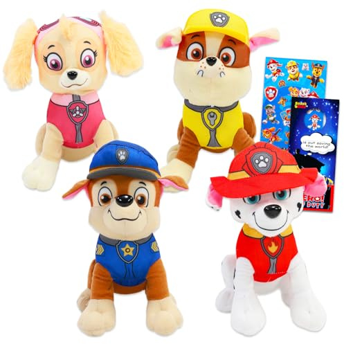 Paw Patrol Plüschtier-Set – 4er-Pack mit 17,8 cm großen Plüschtieren für Kinder mit Chase, Marshall, Skye, Rubble Plus Aufklebern, mehr | Paw Patrol Puppen Plüsch für Jungen und Mädchen