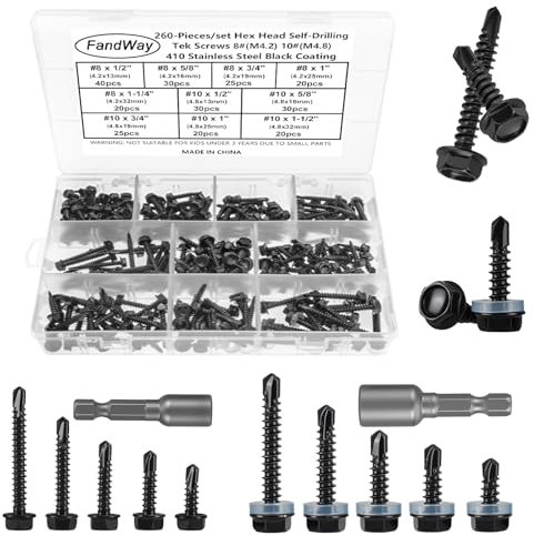 FandWay 260 Pcs Hex Head Self Drilling Screws for Metal,M4.2 M4.8 Hex Washer Self Tapping Sheet Metal Tek Screws,410 Stainless Steel Black Coating,Length 13mm to 50mm for Steel/Wood/Plastic.