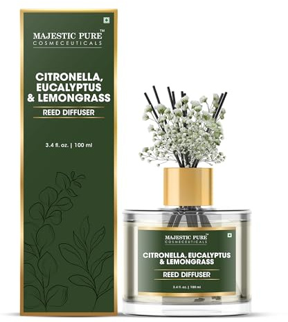 Majestic Pure Citronella, Eucalyptus & Lemongrass Reed Diffuser Set 100ml - Natural Aromatherapy Home Fragrance, Essential Oil Air Freshener with Reed Sticks for Bathroom, Living Room & Office