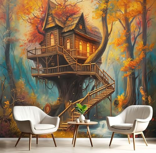 MIATCENRT 3D Papier Peint Fantastique Art, Forêt Cabane Dans Les Arbres Papier Peint Panoramique Pour Salon Restaurant Chambre D'Enfant Décoration Murale, 250x175cm (L×H), Sur Mesure Taille, Orange