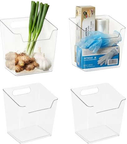 Punorric 4 Pack Kitchen Cupboard Door Storage Box, Self-Adhesive Wall Mounted Storage Baskets, Clear Bathroom Cupboard Organiser, Small Items Organiser Box, Kitchen Decor for Cabinet, Bathroom, Fridge