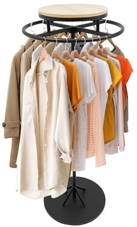 Fyssnn 360° Drehbarer Kleiderständer Stabil mit Rollen & Oberstes Regal (für Schilder, Schuhe, Hüte), 140cm Kleiderstange Rund, Garderobenständer für Schlafzimmer, Flur, Boutique (Holzfarbe-Schwarz)