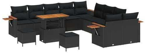 Owoxanthellate Gartensofa Set Schwarz 90x55x71 cm Poly-Rattan Lounge Eckbank mit 13 Kissen, Stauraum & Tisch Modern und Robust für Balkon, Terrasse und kleine Gartensitzecke