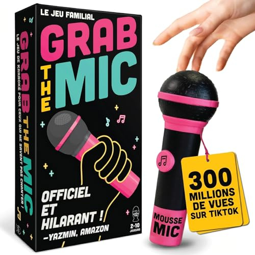 Grab The Mic - Jeu De Société De Karaoké en Famille avec Micro en Mousse - à Partir De 8 Ans - 2 à 10 Joueurs - Jeux pour Les Mauvais Chanteurs avec 240 Paroles - 120 Cartes - Première édition