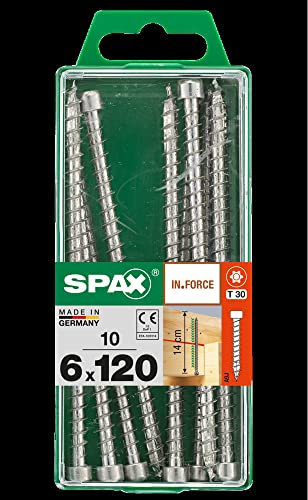 SPAX Spax-Befestigungen 6x120 M 10 ST - 6 Schrauben, M 10, Torx, Außensechskant, Vollgewinde, Rechtsgewinde M10, Stahl, Rundkopf, Kohlenstoffstahl