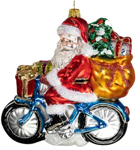 Holyart Weihnachtsmann auf Fahrrad, Weihnachtsbaumschmuck aus mundgeblasenem Glas