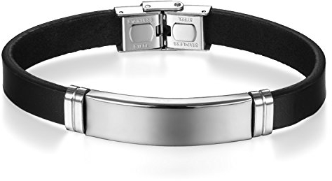 JewelryWe Schmuck Leder Armband Armreif mit Silber Edelstahl Hochglanz Poliert Gravurplatte Lederarmband für Herren Damen