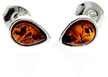 Baltic Amber 925 Sterling Silver Small Stud Teardrop Earrings for Woman or Girl M638C Cognac