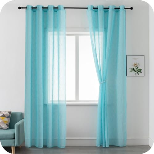 GIRASOLE Coppia Tende Voile Semitrasparenti Effetto Lino Tenda per Soggiorno Camera Balcone Finestra e Interni 2 Pannelli con Occhielli (Turchese, 140x290cm)