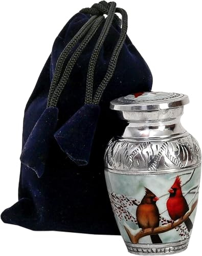 HLC Hermosa urna pequeña de Recuerdo de pájaros cardenales – Memorial para Cenizas humanas con Bolsa de Terciopelo – Mini urna asequible grabada pacífica (4.5 Pulgadas) (Grande)