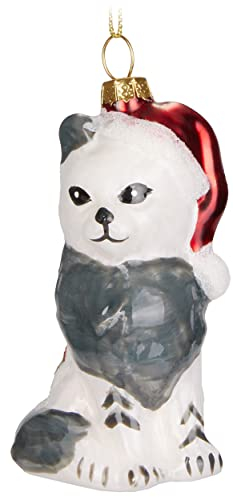 BRUBAKER Katze mit Decke und Weihnachtsmütze Rot Grün - Handbemalte Weihnachtskugel aus Glas - Mundgeblasener Christbaumschmuck Figuren Lustig Deko Anhänger Baumkugel - 9,1 cm