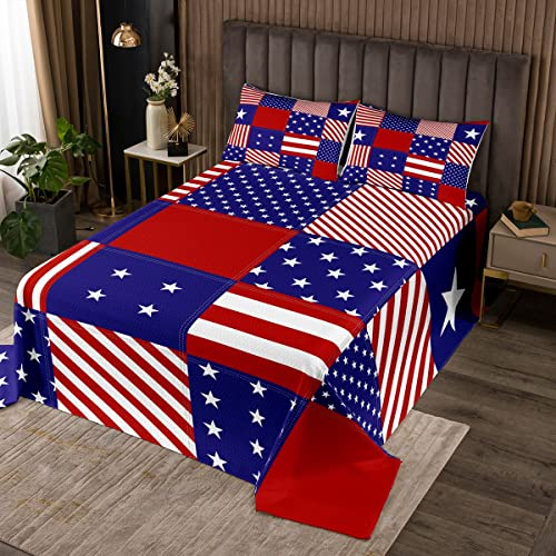 Bettwäsche-Set mit amerikanischer Flagge,170 x 210 cm,rote und blaue Sterne,Streifen, USA-Flagge,Tagesdecke im amerikanischen Kulturstil,1 Kissenbezug,Bettwäsche-Set zum Unabhängigkeitstag Kinder