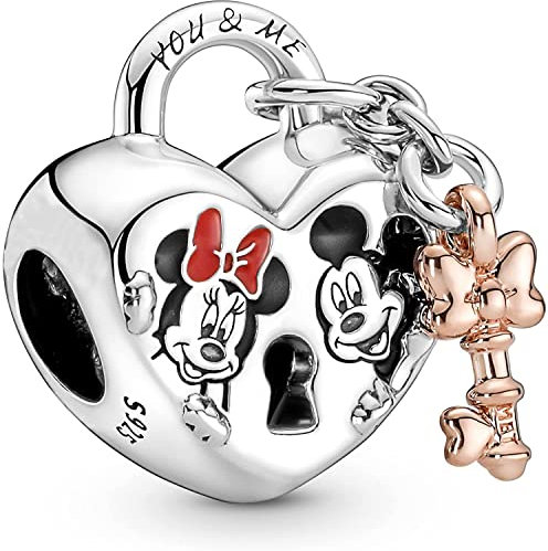 Beads R Us ® - Mickey Mouse & Minnie Mouse Padlock Charm in Sterling Silver S925, Compatible with all European style Charm Bracelets and Necklaces.