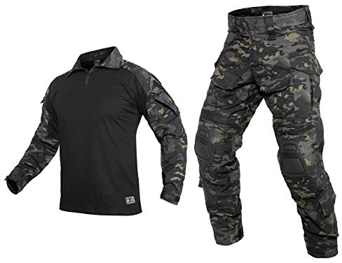 YEVHEV Taktischer Anzug für Herren, Hemd und Hose mit Knieschützern und Ellbogenschützern, für Outdoor-Aktivitäten, ohne Gürtel (DARK CP, Hemd:S Hose:32)