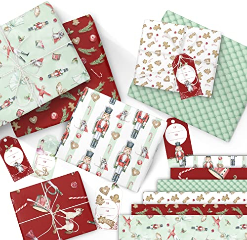Papierdrachen 6 Bögen Weihnachts Geschenkpapier 60x40cm bedruckt - 6 verschiedene Designs hochwertig auf 100g/m² Papier und 12 Geschenkanhänger (5x10cm) - Motiv Nussknacker Set 12