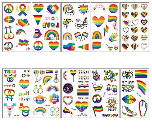 LGBT Gay Pride Tattoos for Pride Day,10 Sheets Waterproof Fake Tattoos Gay Pride Party Accessories,Face Body Art Rainbow Temporary Tattoos Stickers for Gay Lesbian Gay Pride Day Parades Party Supplies