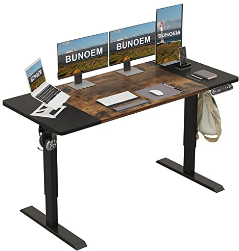 BUNOEM Elektrischer Stehpult, höhenverstellbar, 160 x 76 cm, höhenverstellbar, Computer-Schreibtisch, Sitz- und Stehpult mit Spleißbrett (braun + schwarze Oberseite, schwarzer Rahmen)