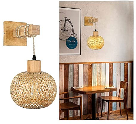 O·Lankeji Led Wandleuchte Innen,Wandlampen Rattan,Wandleuchte Holz,Vintage Wandlampe Schlafzimmer Wandleuchte Country Lighting Dekoration Lampe für Wohnzimmer,Flur,Küche,Kaffee