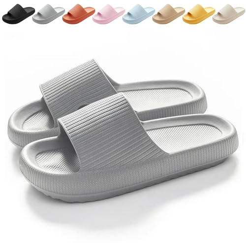 Calish Badeschuhe Herren Damen Cozislides Original Slippers Cloudyzz Schlappen Wolke Rutschfeste Badelatschen Hausschuhe Sommer Pantoletten Badeschlappen Flip Flops Indoor/Outdoor, Grau, 44-45 EU