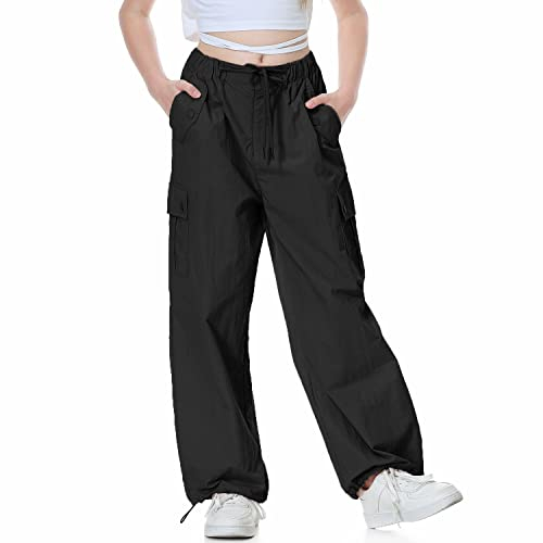 Rolanko Baggy Cargo Fallschirmhose für Mädchen, Y2K Vintage Jogger mit Verstellbarer Elastischer Taille für Kinder Fit, Schwarz, Größe: 170