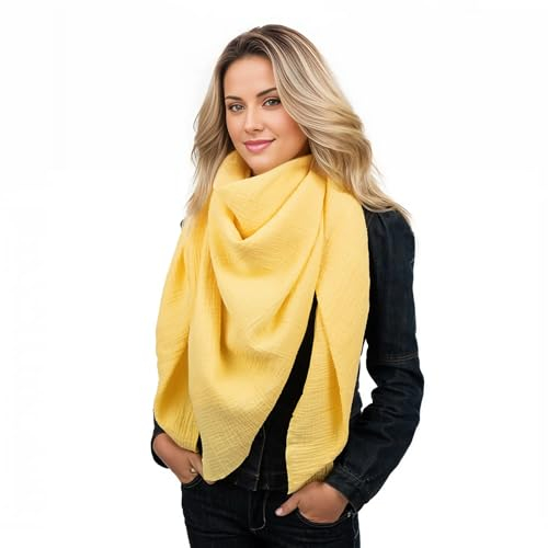Scandi Linen Musselin Tuch, Schal Damen, Halstuch, Viereckig (Einlagig), Weiches Gelb