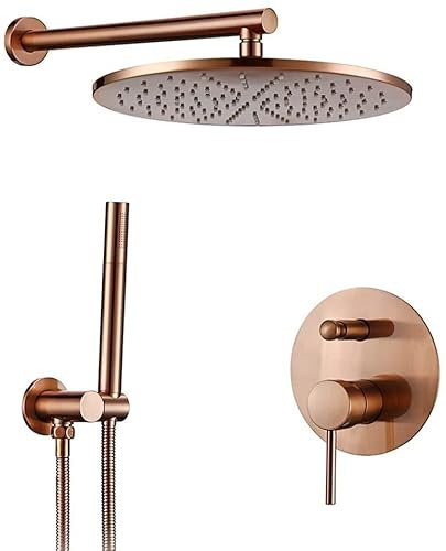 Sistema doccia, miscelatore deviatore in ottone oro rosa spazzolato a parete Set rubinetteria per bagno con soffione a pioggia rotondo da 8-12 pollici e doccetta, set doccia di lusso, 10 pollici