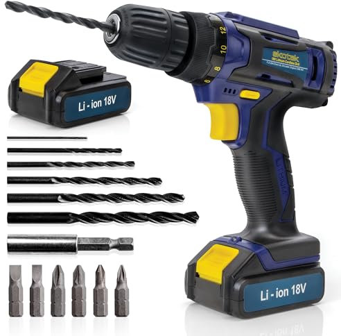 Skotek Cordless Drill Driver 18V Lithium-Ion, 13Pc Electric Screwdriver Set, LED Work Light, Electric Drill Quick Change Power Drill Battery with Charger & 2 Batteries Included