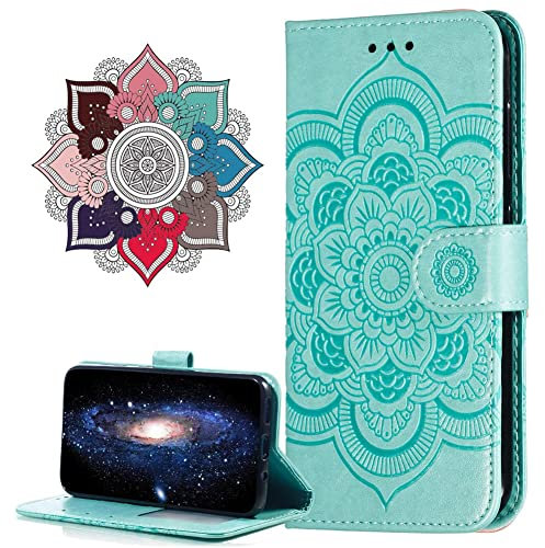 IMIRST Flip Case for iPhone 13 Pro PU Leather Wallet Closure Embossed Shockproof Cover with Kickstand Card Slots Holder for Apple iPhone 13 Pro. LD Mandala Green